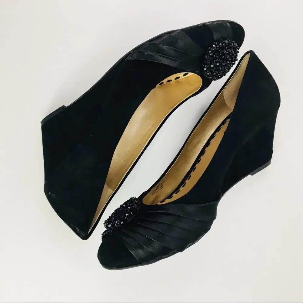 Alex Marie Black Suede Embellished Pump Wedges Sz 8.5